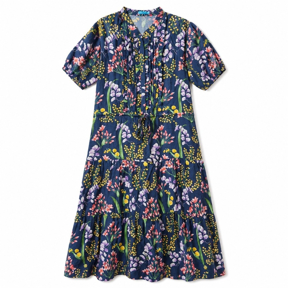 J. MCLAUGHLIN Silk Blend "Harriet" Tiered Midi Dress Sz S Blue Floral Cottagecor